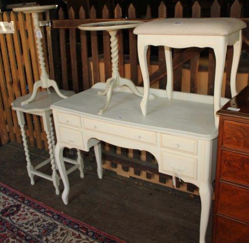 Cream-painted dressing table and three painted occasional tables, various